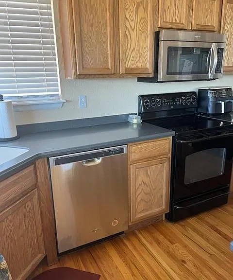 Recently installed stainless steel appliances.