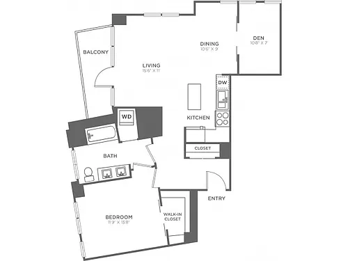 Floor plan One Bedroom One Bath w/Den (930 SF)