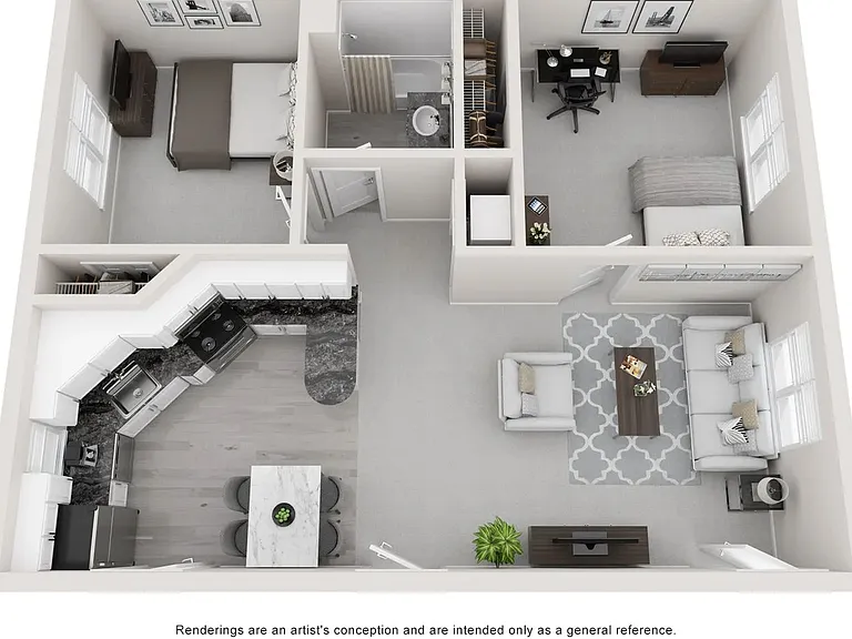 A 3D floor plan rendering of The Valley.