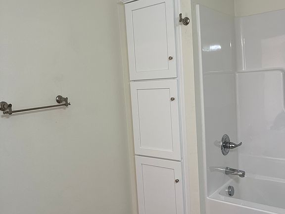 Bathroom Tub/Shower and Linen/storage cabinet.