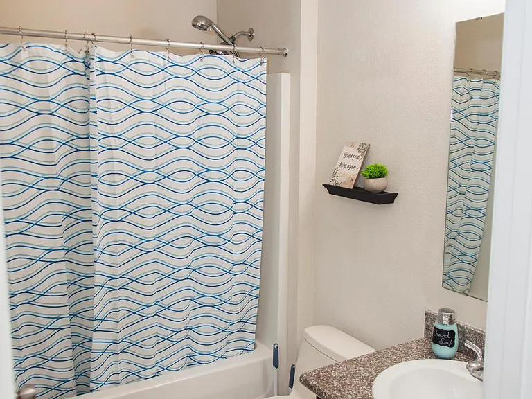 Full size bathroom with bathtub and shower, vanity sink and toilet
