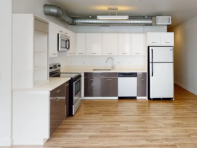 Apartment kitchen with stainless steel appliances, quartz countertops and wood-style flooring.