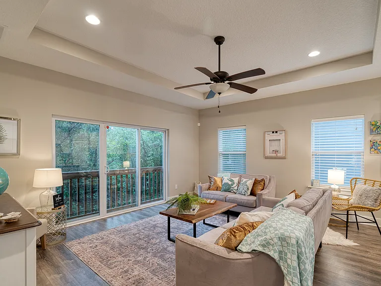 Sun-drenched living space featuring a smart TV and fast Wi-Fi for work or play