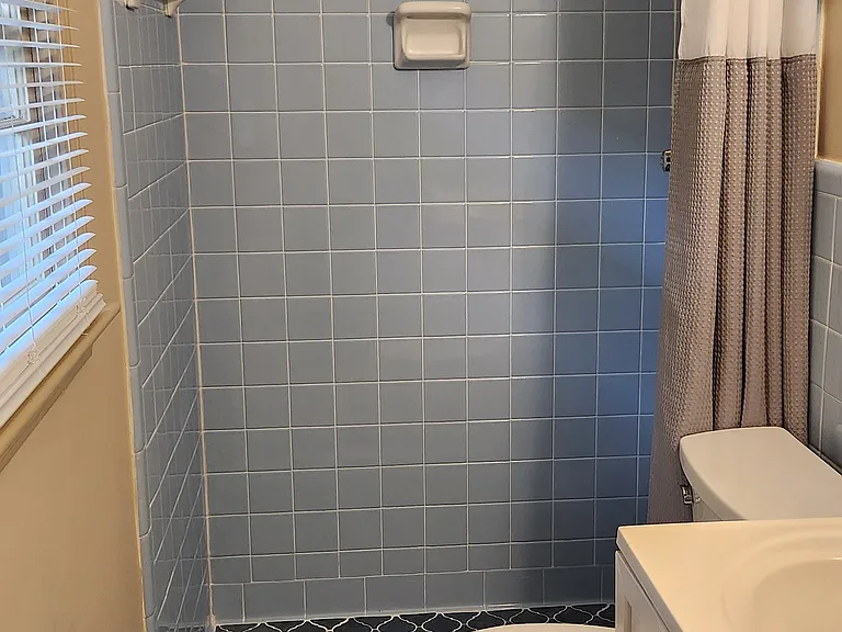 Full bath with shower in master with vintage Moroccan tiles.