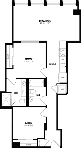 Floor plan Junior 1 Bed/2 Bath Den-D3