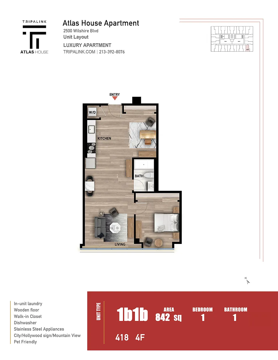 Floor plan 1 Bed 1 Bath +Den - 842 sqft
