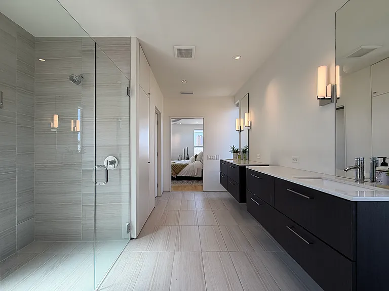 Walk-in shower and designer tile.
