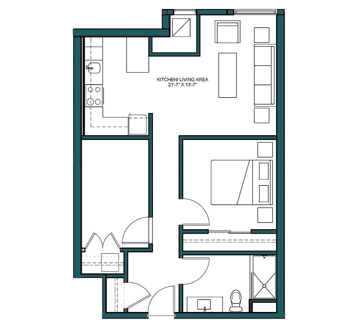 Floor plan 1 Bed/1 Bath Den-B2A