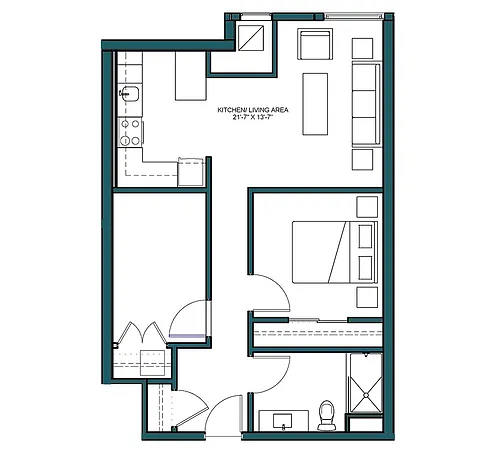 Floor plan 1 Bed/1 Bath Den-B2A