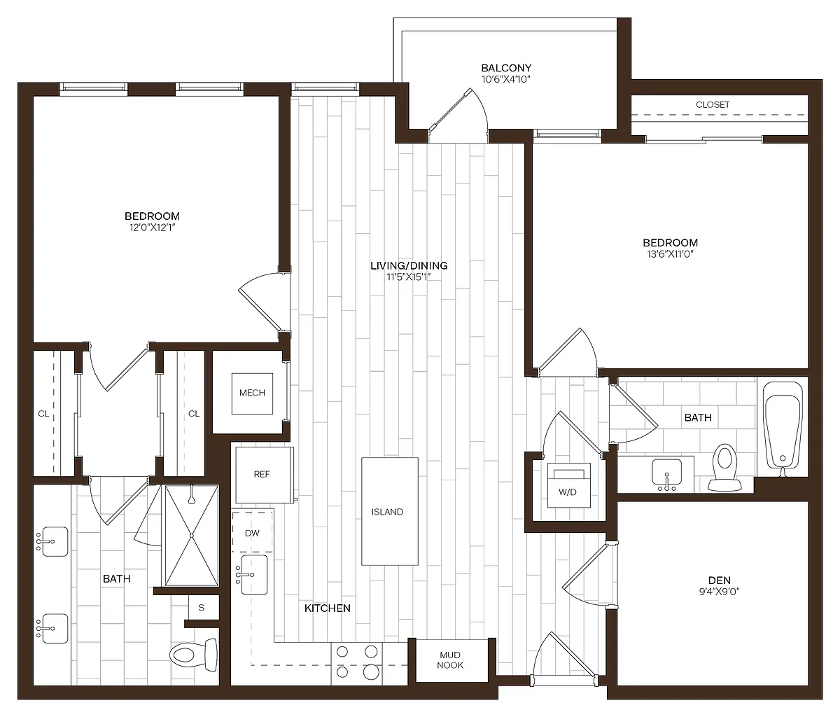 Floor plan 2 Bed/2 Bath Den-F1
