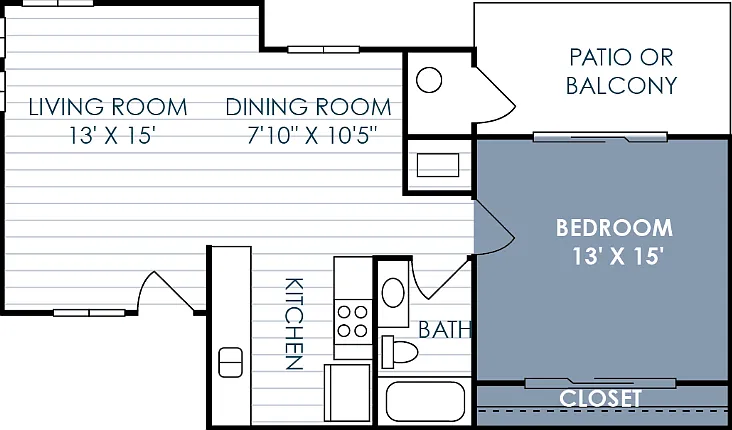 1 Bedroom 1 Bathroom B Floorplan Diagram
