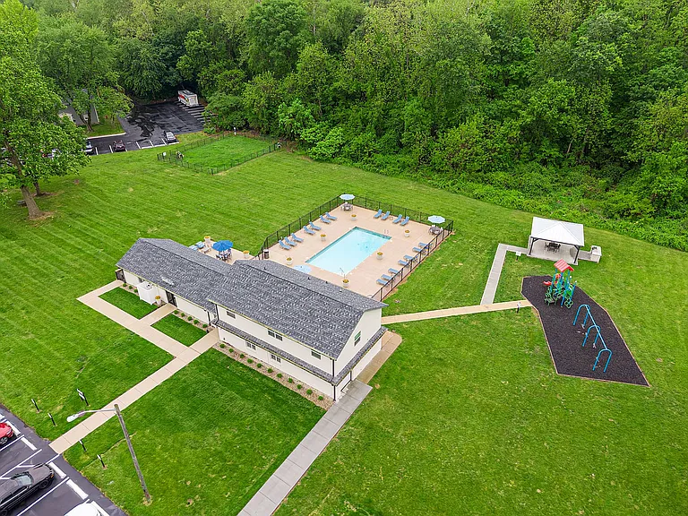 Aerial View of Our Amenities: Swimming Pool, Playground & Bark Park!