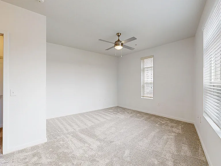 Spacious apartment bedroom with large closet, attached bathroom and plush carpet flooring.