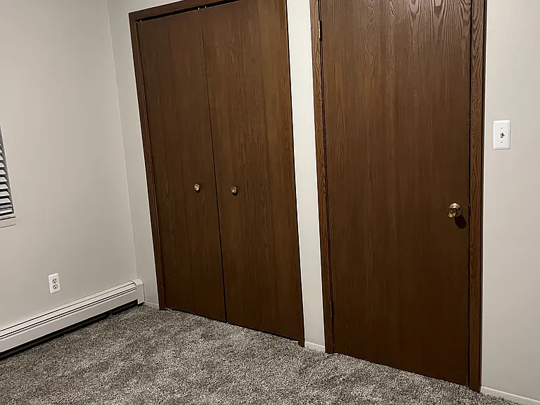 Bedroom entry door and closet with double doors.