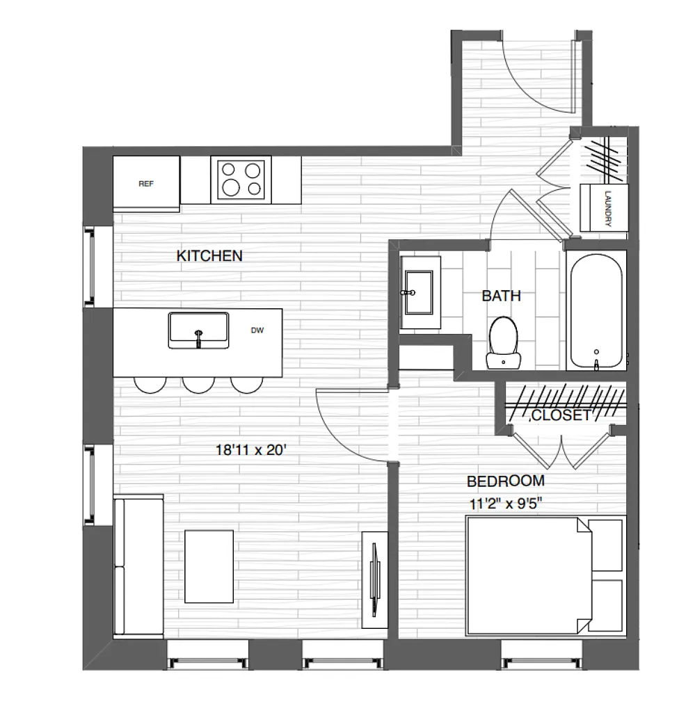 Floor plan Corner One Bedroom