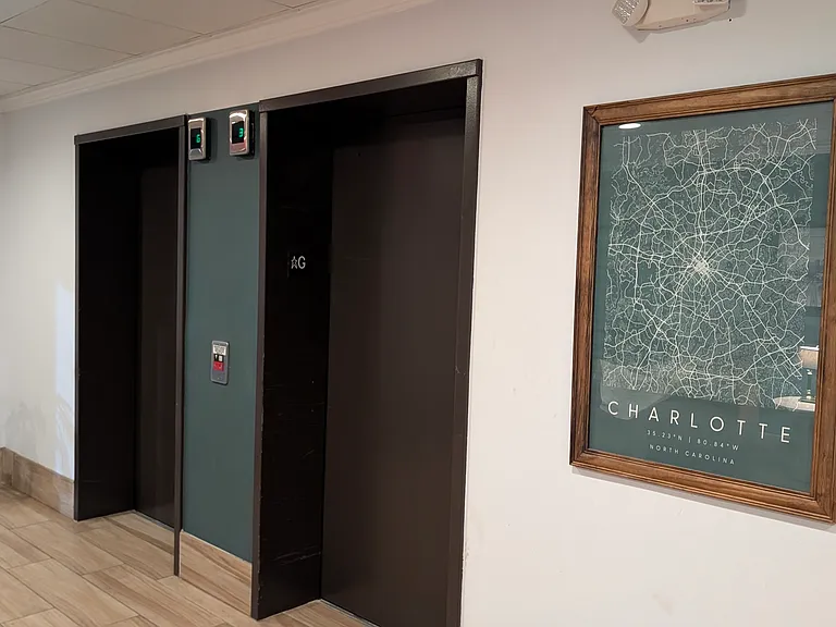 Two elevators off of entry lobby.