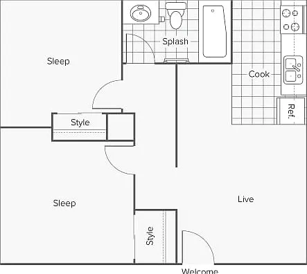 2 BR x 1 BA Floorplan 2 BR x 1 BA Floorplan