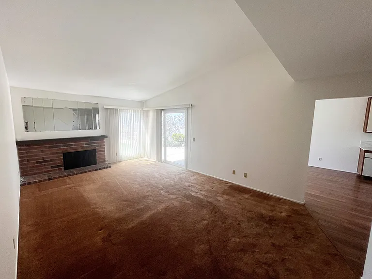 Spacious living room with operational wood or gas fireplace.