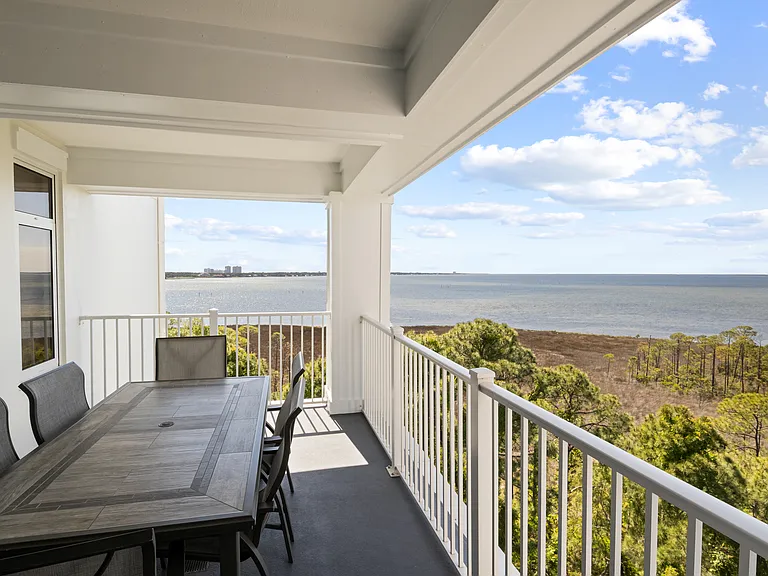 Balcony seating with bay views