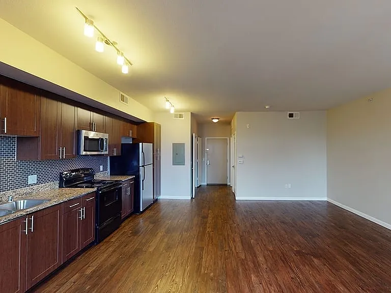 Apartment kitchen, dining and living room with wood-style flooring.