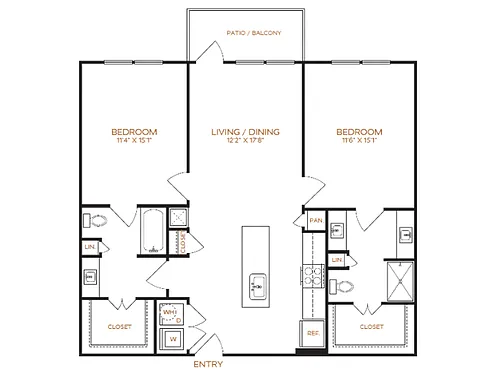 Floor plan 2 Bed, 2 Bath D (80% Income Restricted)