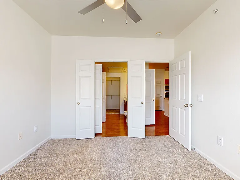 Spacious apartment bedroom with plush carpet flooring.