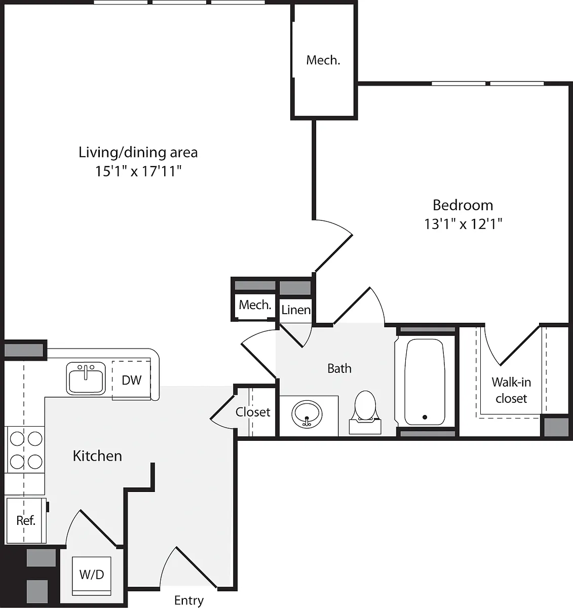 Floor plan 1 Bedroom F No Fireplace
