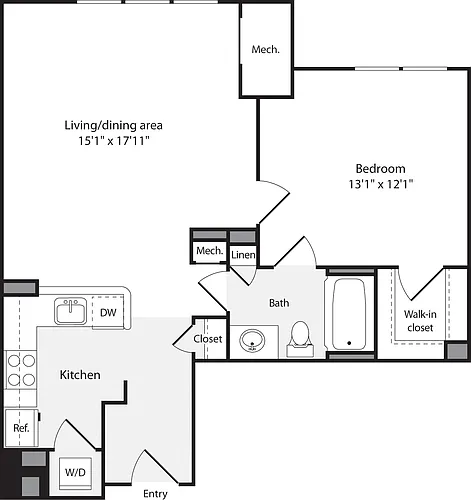 Floor plan 1 Bedroom F No Fireplace