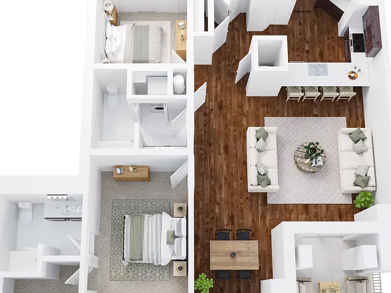 Two-Bedroom, Two-Bathroom with Balcony Floor Plan Rendering Two-Bedroom, Two-Bathroom with Balcony Floor Plan Rendering