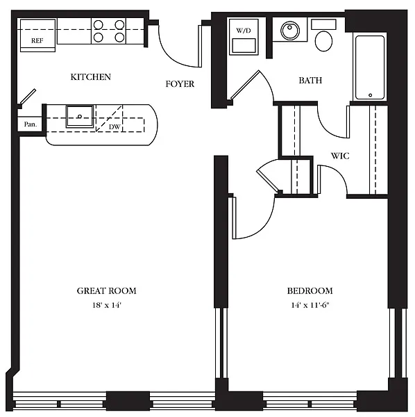 Floor plan AC-S One Bedroom, One Bathroom