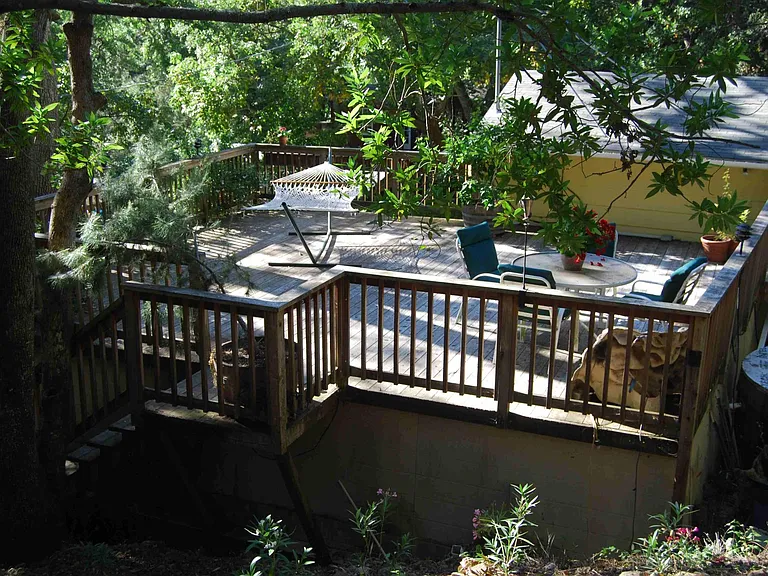 View of the 25 x 30 deck from the back. Access to the deck from two points