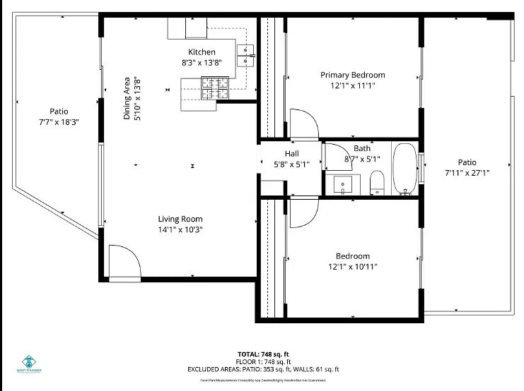 Floor plan 2 Bed 1 Bath w/front patio & ext. Pa