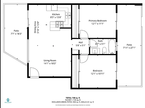 Floor plan 2 Bed 1 Bath w/front patio & ext. Pa