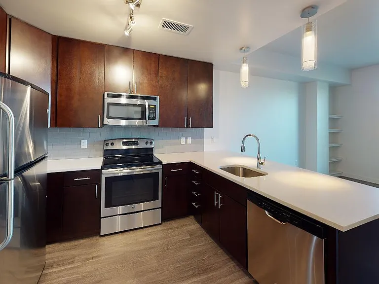 Apartment kitchen with stainless steel appliances, quartz countertops and wood-style flooring.