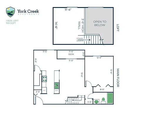 Floor plan 1 Bed, 1 Bath Loft - 950 sq ft