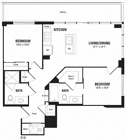 Floor plan 2 Bedroom, 2 Bath 858 SF C13