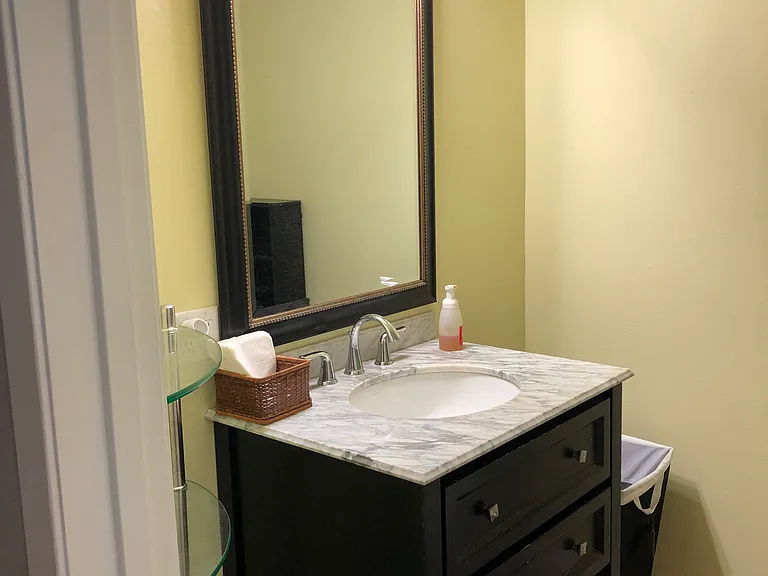 Hall bath with marble top vanity.