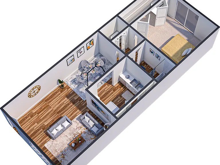 Open layout featuring a large living area, dining space, and private bedroom Open layout featuring a large living area, dining space, and private bedroom