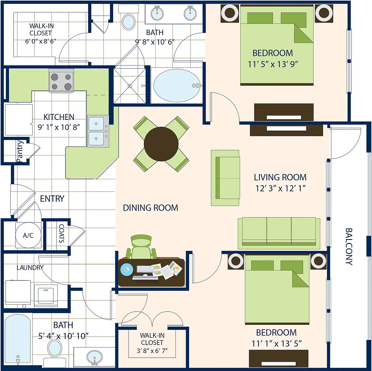 Floor plan Two Bedroom Two Bath (1171 SF)