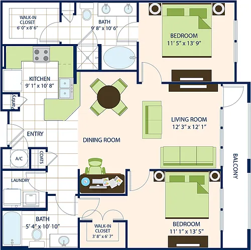 Floor plan Two Bedroom Two Bath (1171 SF)