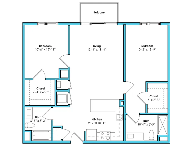 Floor plan Two Bedroom Two Bath (1041 SF)