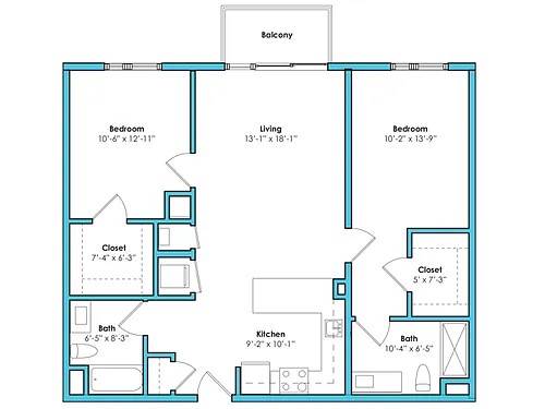 Floor plan Two Bedroom Two Bath (1041 SF)