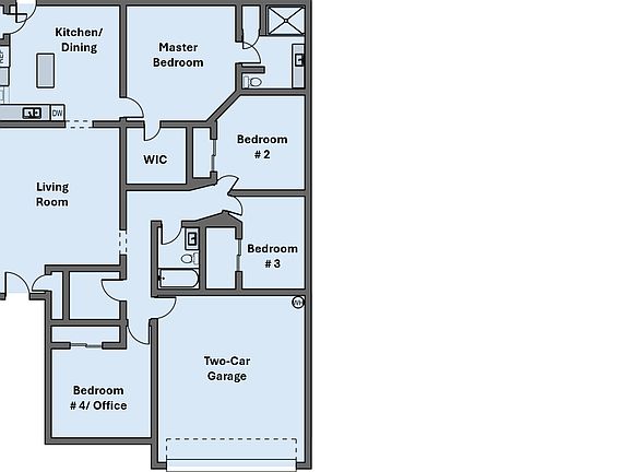 Mother-in-law floorplan with three bedrooms and a bathroom separated by a hallway from the master and living space. 1,628 sft