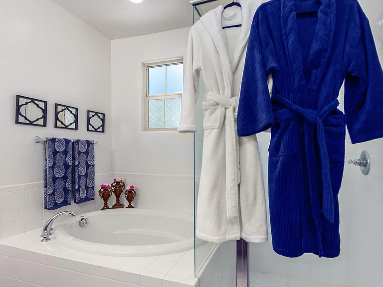 Upgraded deluxe primary bath with large tub and large shower.
Plenty of lighting and very spacious