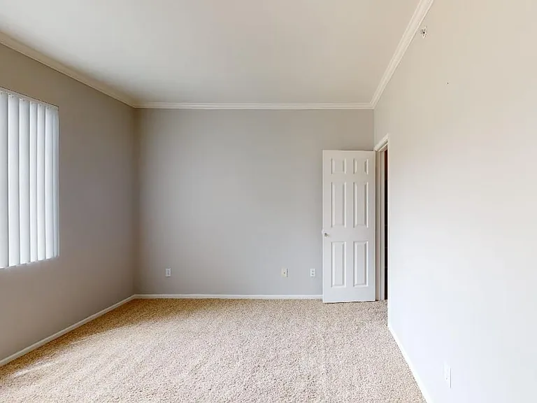 Spacious apartment bedroom with plush carpet flooring.