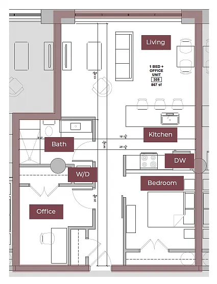 Floor plan 1BR + Office/Den Floor Plan O | Lofts South