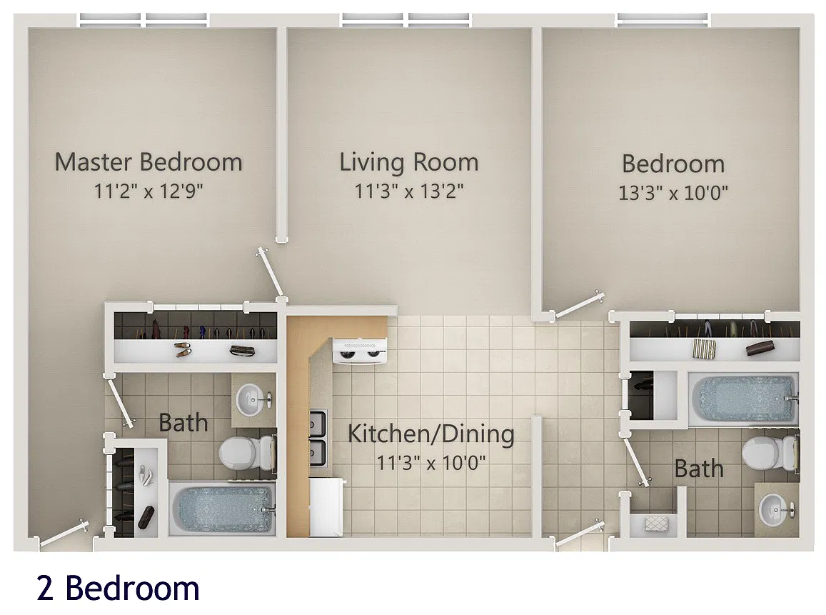Floor plan 2 Bedroom 2 full Bath