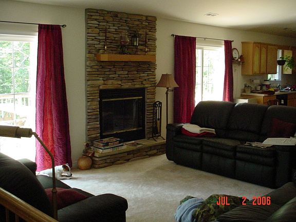 back doors to deck, fireplace
