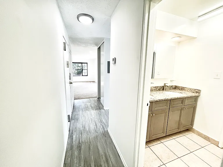 Hallway view looking towards the living/dining & kitchen and into the bathroom