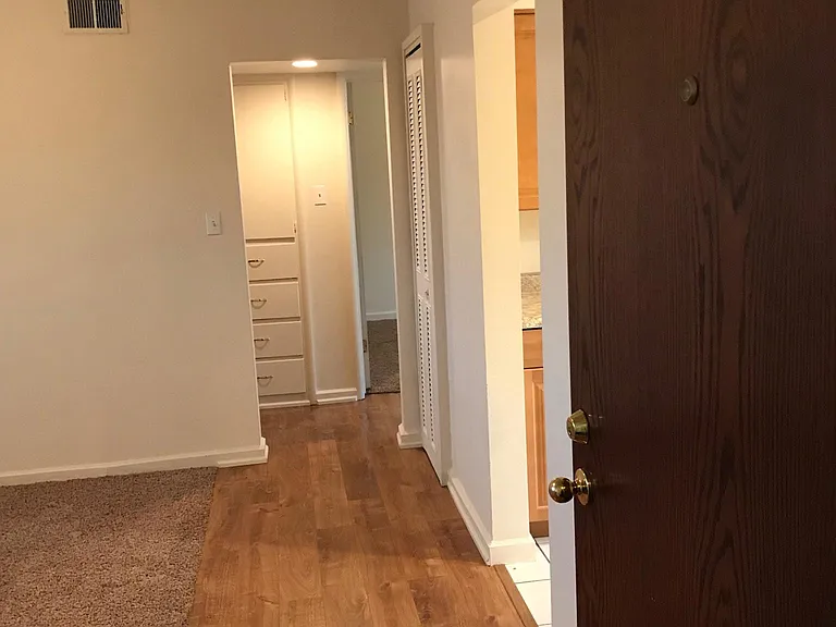 View from front door. The contrast between the laminate flooring and the carpet is much more pronounced.